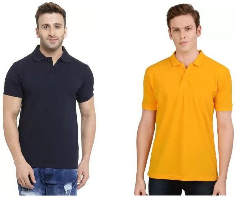 Pack of 2 Men Solid Polo Neck Cotton Blend Yellow, Navy Blue T-Shirt
