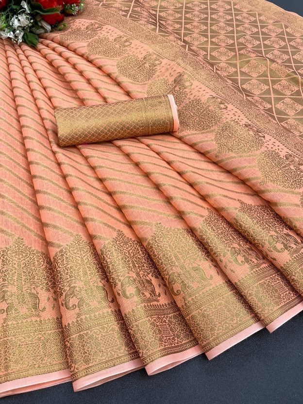 Self Design, Paisley, Digital Print, Blocked Printed, Woven, Graphic Print, Checkered Banarasi Jacquard Saree  (Orange)
