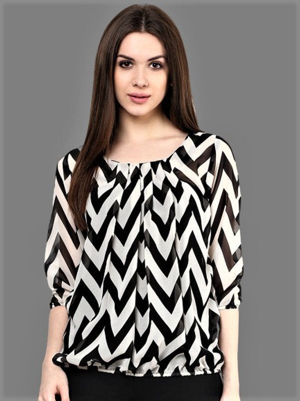 Casual Regular Sleeves Chevron/Zig Zag Women Black, White Top