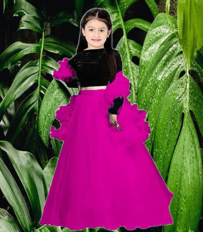 Girls Lehenga Choli Party Wear Solid Lehenga, Choli and Dupatta Set  (Pink, Pack of 1)