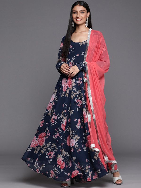 Women Floral Print Georgette Anarkali Kurta With Attached Dupatta  (Dark Blue, Pink, Beige)