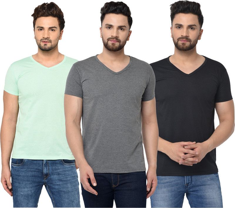 Pack of 3 V neck Combo T-shirts Multicolor Men Solid V Neck Cotton Blend Light Blue, Black, Grey T-Shirt