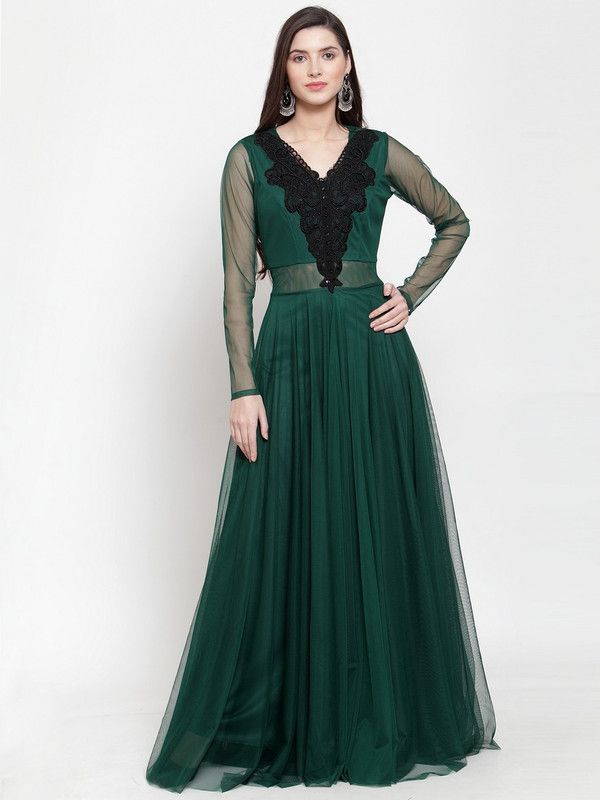 Self Design Net Stitched Flared/A-line Gown  (Dark Green)