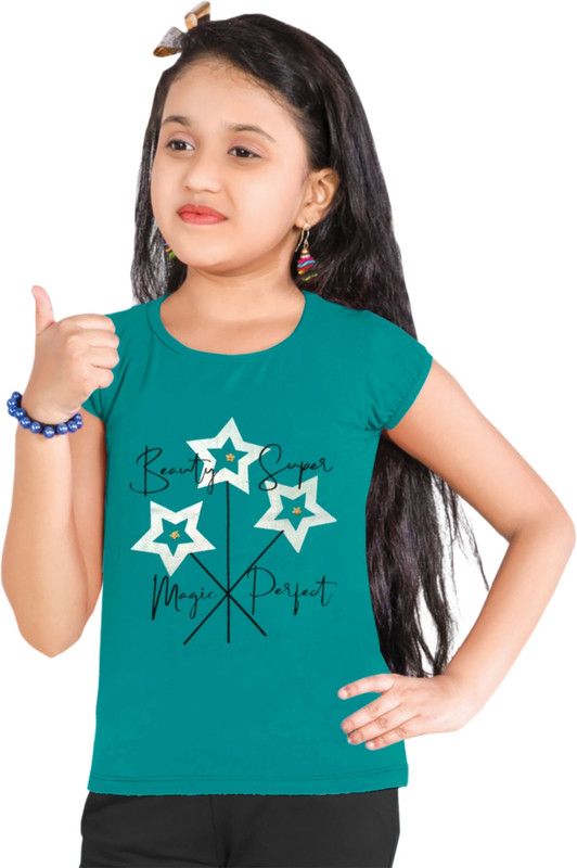 Girls Printed Pure Cotton T Shirt  (Dark Green, Pack of 1)