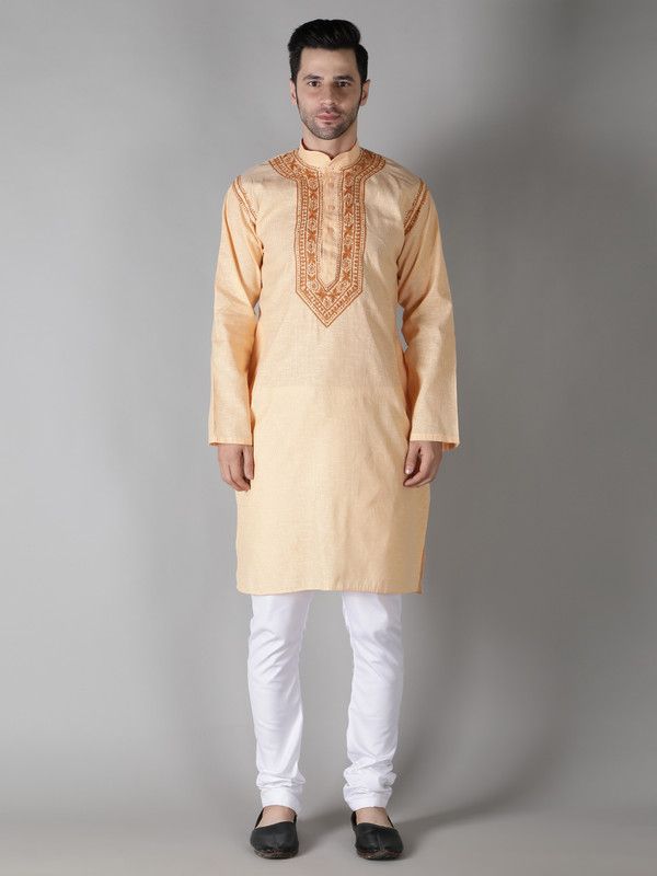 Men Chikan Embroidery Cotton Blend Straight Kurta  (Pink)