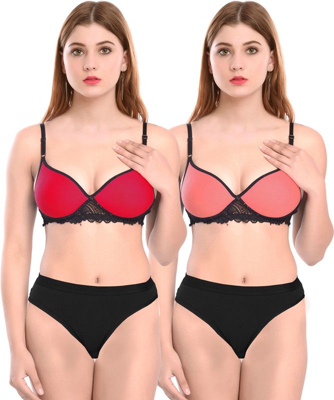 Bra & Panty Set Self Design Red, Orange Lingerie Set