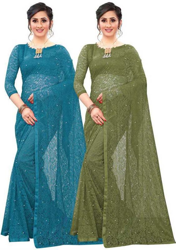 Embellished Bollywood Net, Brasso Saree  (Pack of 2, Green, Black)