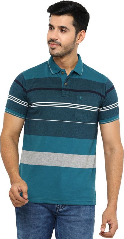 Men Striped Polo Neck Polyester Multicolor T-Shirt