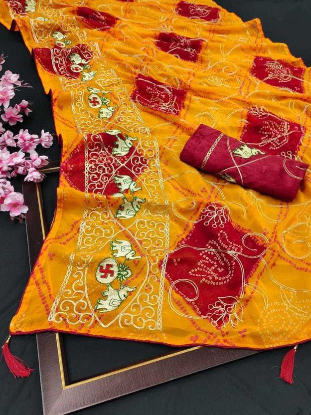 Printed, Embroidered Assam Silk Georgette Saree  (Yellow)