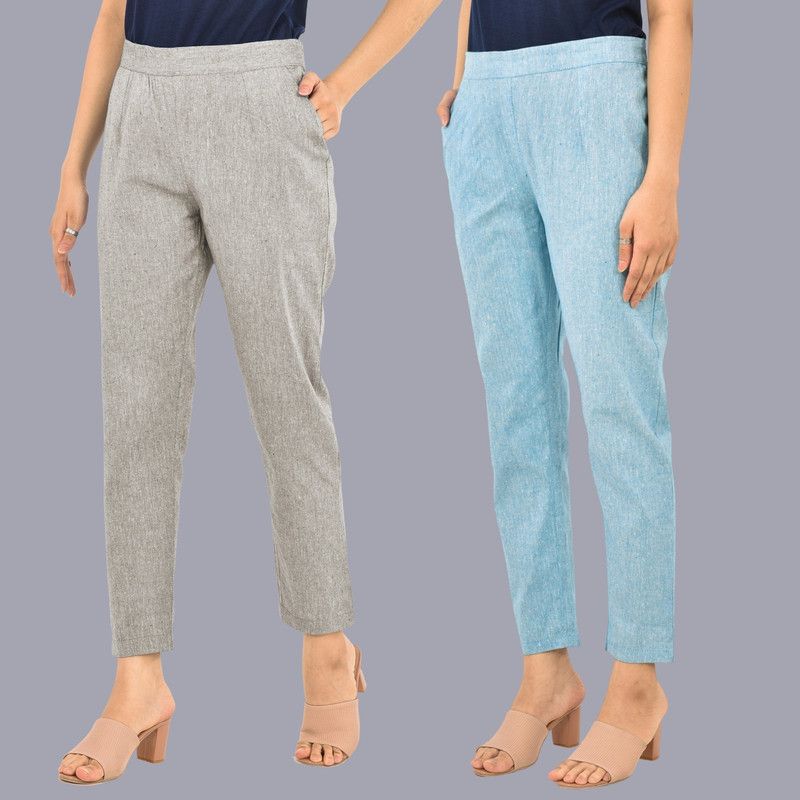 Pack of 2 Women Regular Fit Grey, Light Blue Pure Cotton Trousers