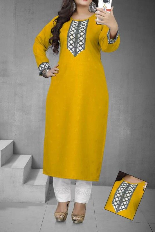 Women Woven Design Cotton Rayon A-line Kurta  (Yellow)