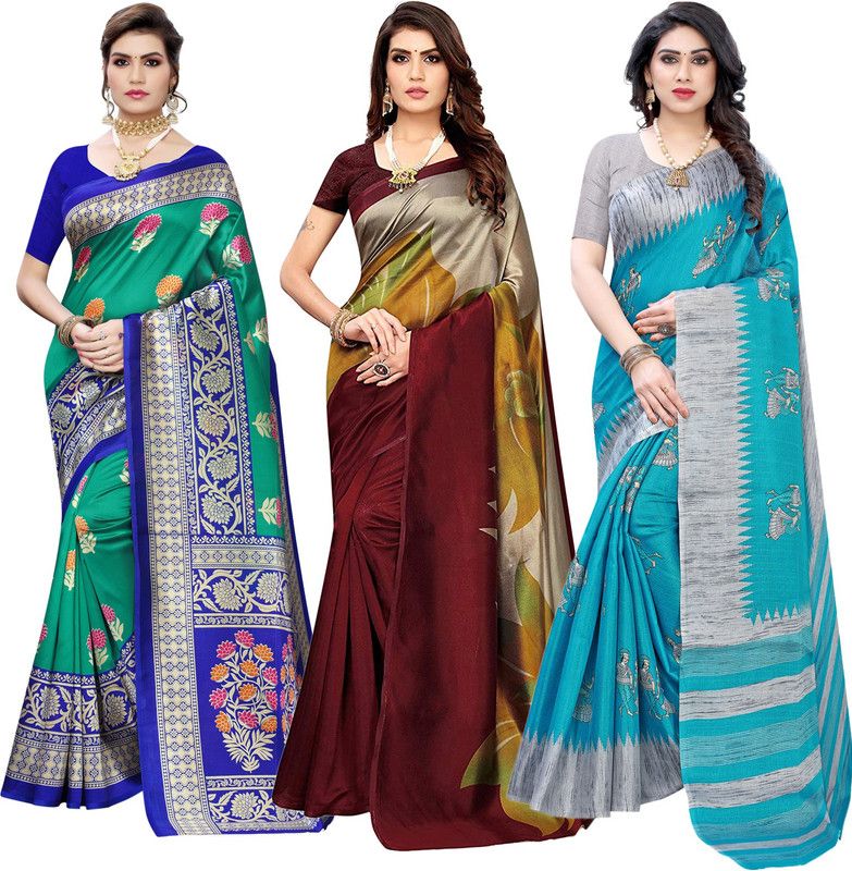 Printed, Geometric Print, Floral Print Assam Silk Cotton Silk Saree  (Pack of 3, Green, Maroon, Grey)