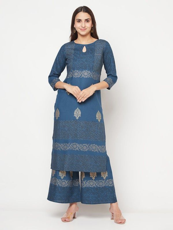 Women Block Print Viscose Rayon Straight Kurta  (Blue)