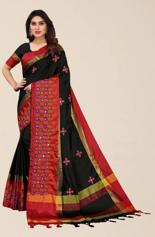 Embroidered Bollywood Cotton Silk Saree  (Maroon, Black)