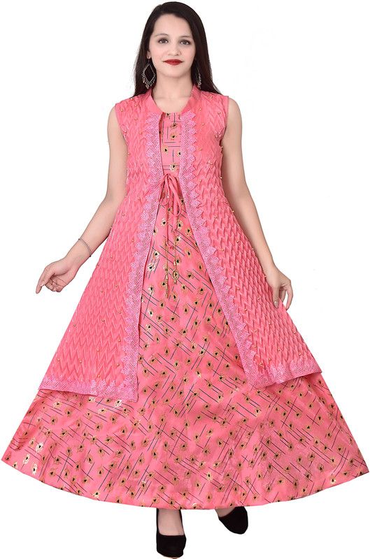 Floral Print Satin Stitched Flared/A-line Gown  (Pink)