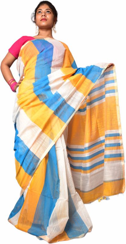 Striped Handloom Linen Saree  (White)