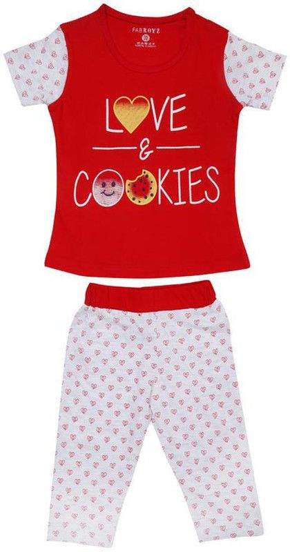 Baby Girls Casual T-shirt Pyjama  (Red)