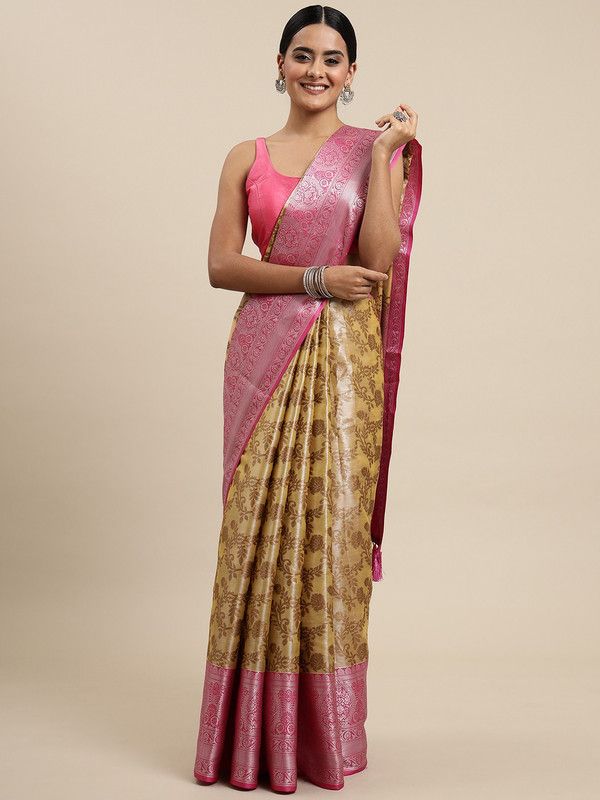 Woven Kanjivaram Organza Saree  (Beige)