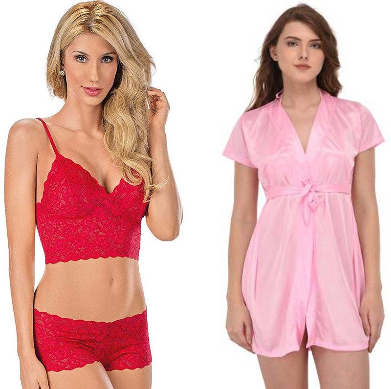 Pack of 3 Women Robe and Lingerie Set  (Red, Pink)