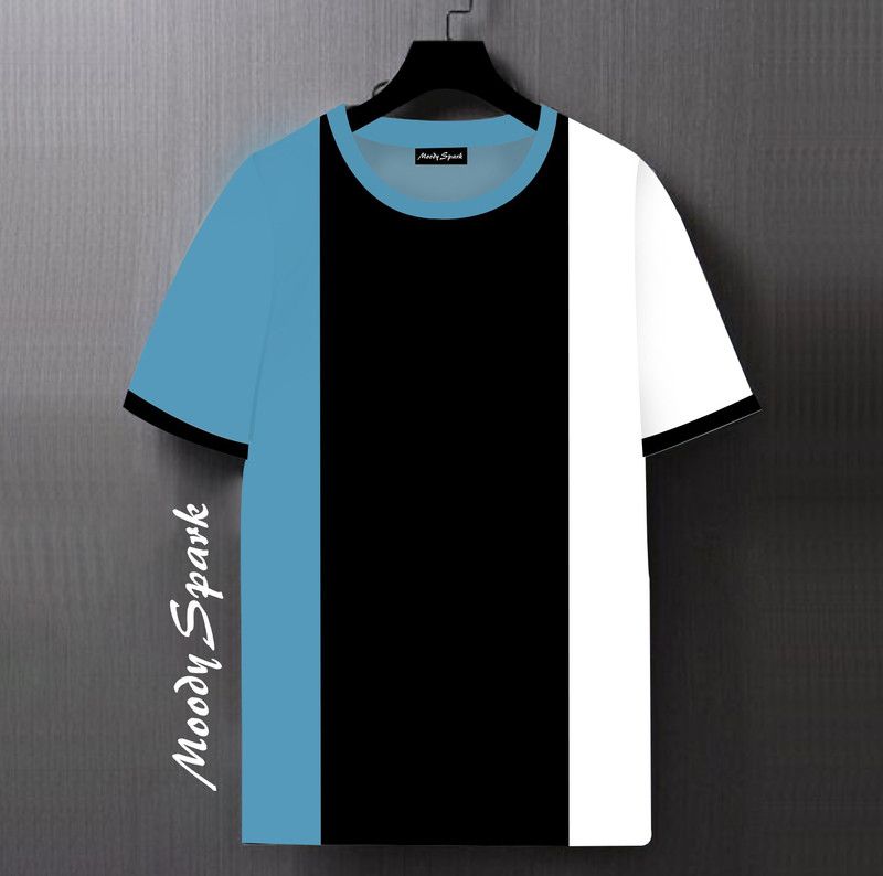 Color Block Men Light Blue, White, Black T-Shirt