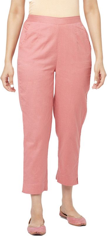 Women Tapered Pink Cotton Blend Trousers