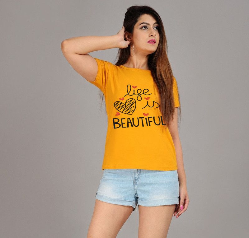 Women Printed, Typography Round Neck Cotton Blend Yellow, Orange T-Shirt