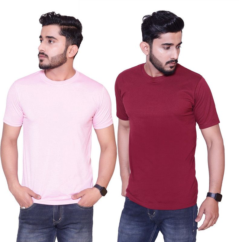 Pack of 2 Men Solid Round Neck Pure Cotton Maroon, Pink T-Shirt