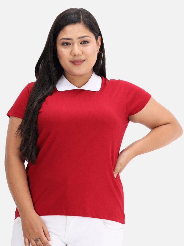 Women Solid Peter Pan Collar Pure Cotton Red T-Shirt