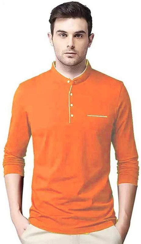 Men Solid Mandarin Collar Cotton Blend Orange T-Shirt