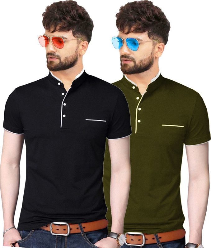 Pack of 2 Men Solid Henley Neck Pure Cotton Dark Green, Black T-Shirt