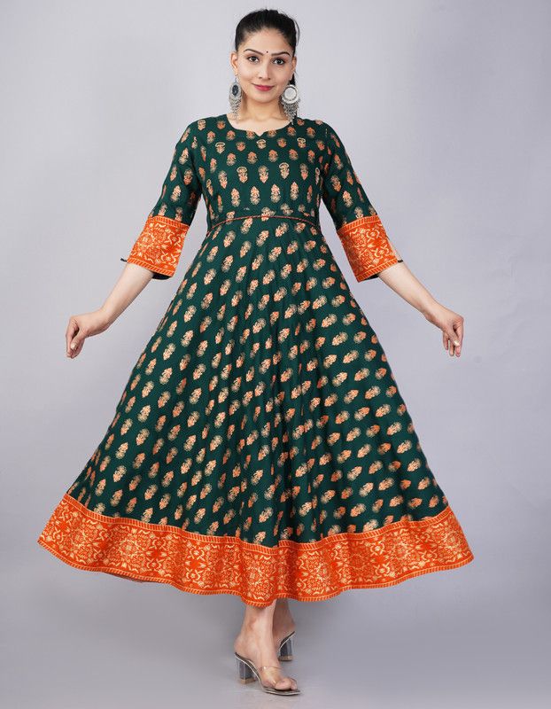 Women Printed Liva Anarkali Kurta  (Green, Orange)