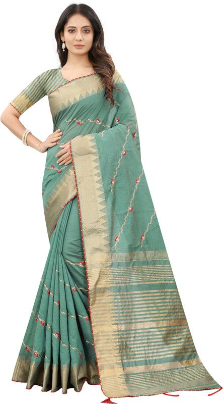 Embroidered Assam Silk Art Silk Saree  (Dark Green)