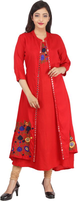 Women Embroidered Viscose Rayon Frontslit Kurta  (Red)