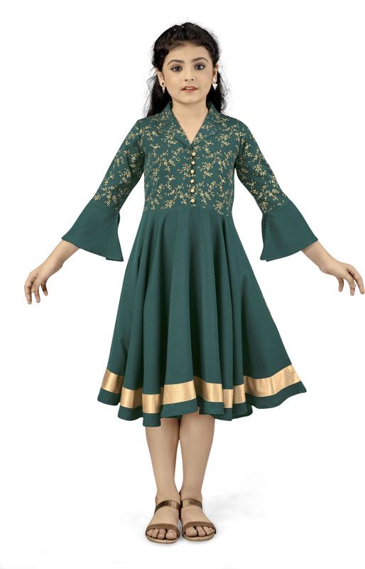 Girls Below Knee Party Dress  (Dark Green, 3/4 Sleeve)