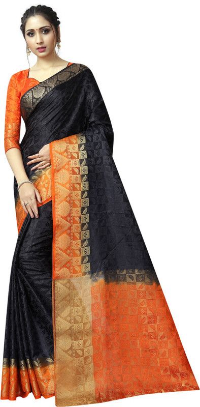 Woven Bollywood Nylon Saree  (Black)