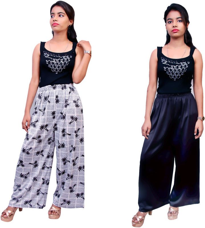 Pack of 2 Women Slim Fit Black, White Cotton Silk Trousers