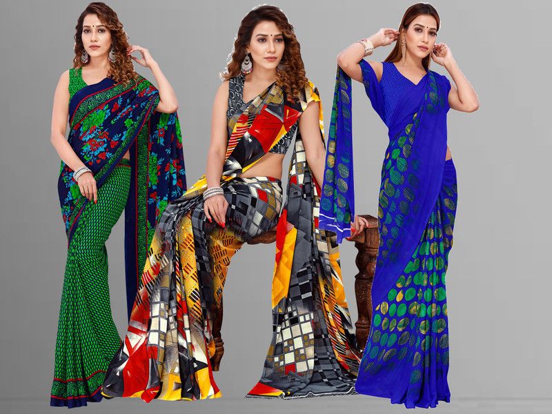 Daily Wear Georgette Saree  (Pack of 3, Green, Blue, Grey)