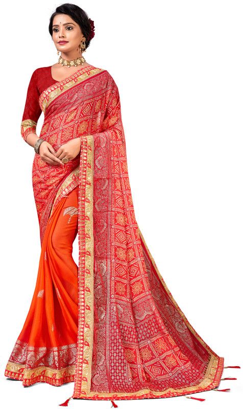 Woven Bandhani Chiffon Saree  (Orange)