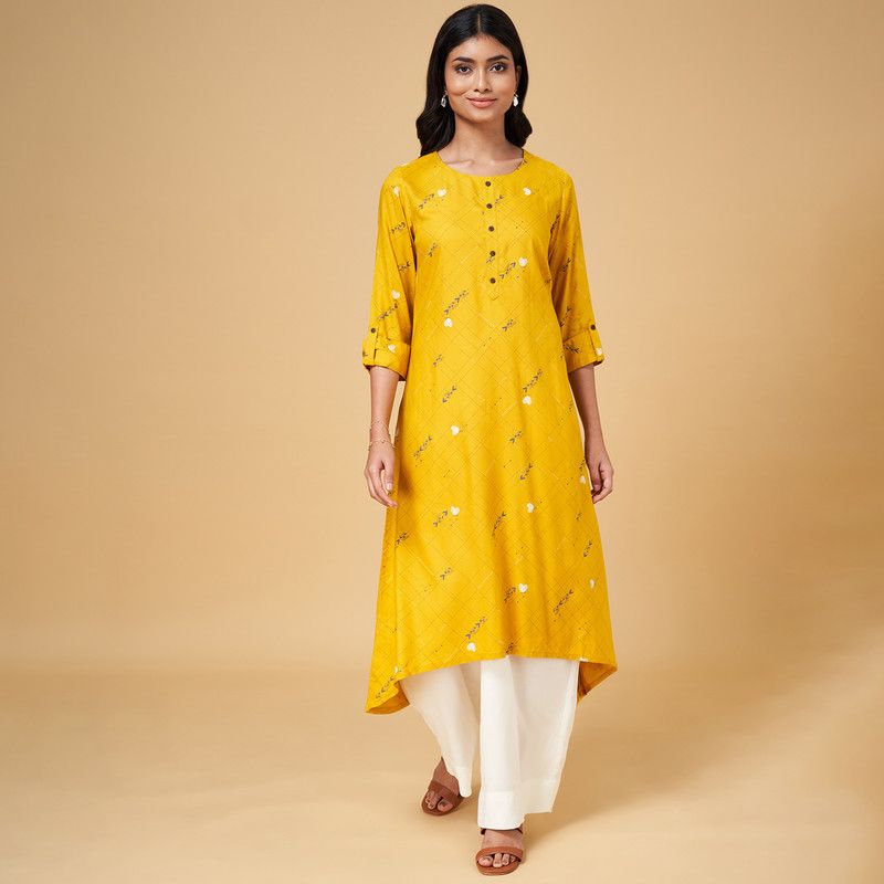 Women Printed Viscose Rayon Trail Cut Kurta  (Yellow)