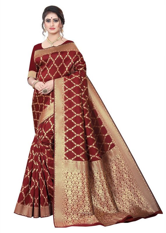Woven Banarasi Jacquard, Pure Silk Saree  (Maroon)