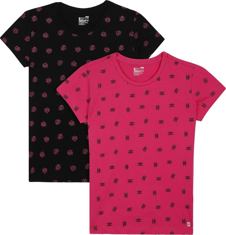Girls Printed Pure Cotton T Shirt  (Pink, Pack of 2)