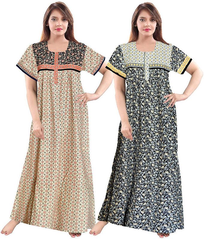 Women Night Dress  (Beige, Black)