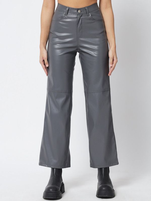 Women Regular Fit Grey Faux Leather Trousers