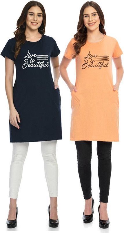 Pack of 2 Women Typography Round Neck Cotton Blend Dark Blue, Orange T-Shirt