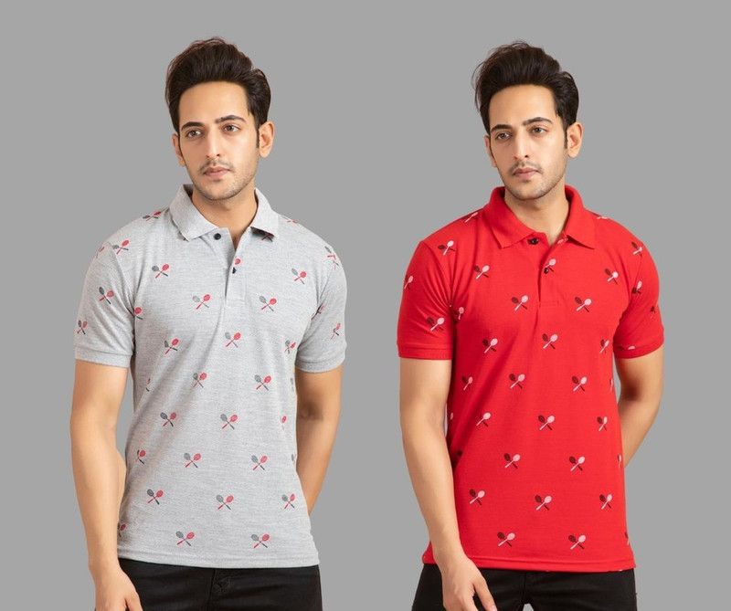Pack of 2 Men Printed Polo Neck Pure Cotton Red, Grey T-Shirt