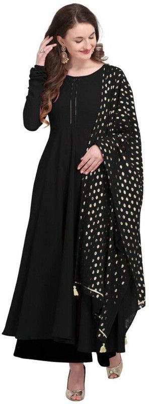 Women Self Design Crepe Flared Kurta  (Black)