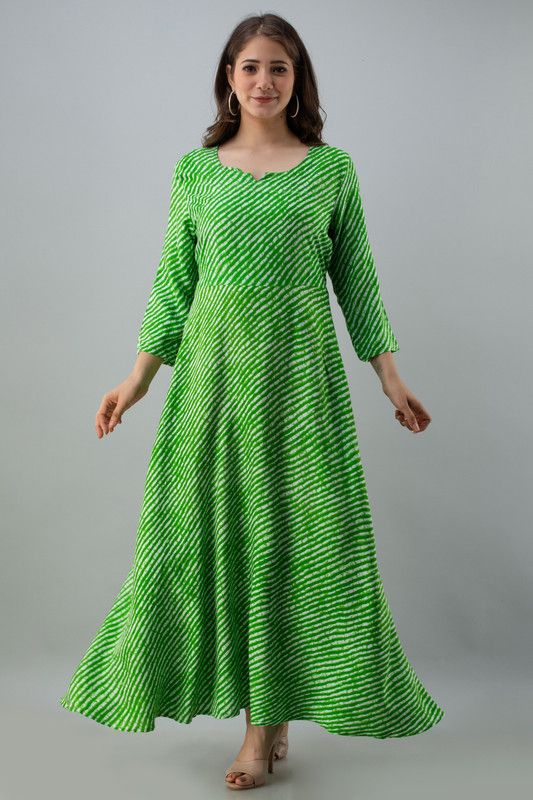 Women Leheriya Viscose Rayon Flared Kurta  (Green)