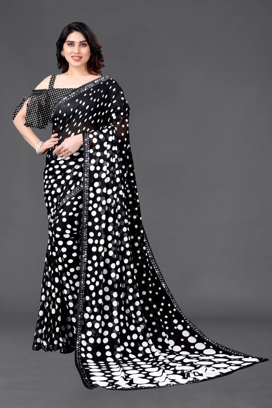 Printed Kanjivaram Georgette Saree  (White, Black)