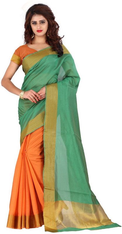 Plain Bollywood Jacquard, Art Silk Saree  (Green, Orange)