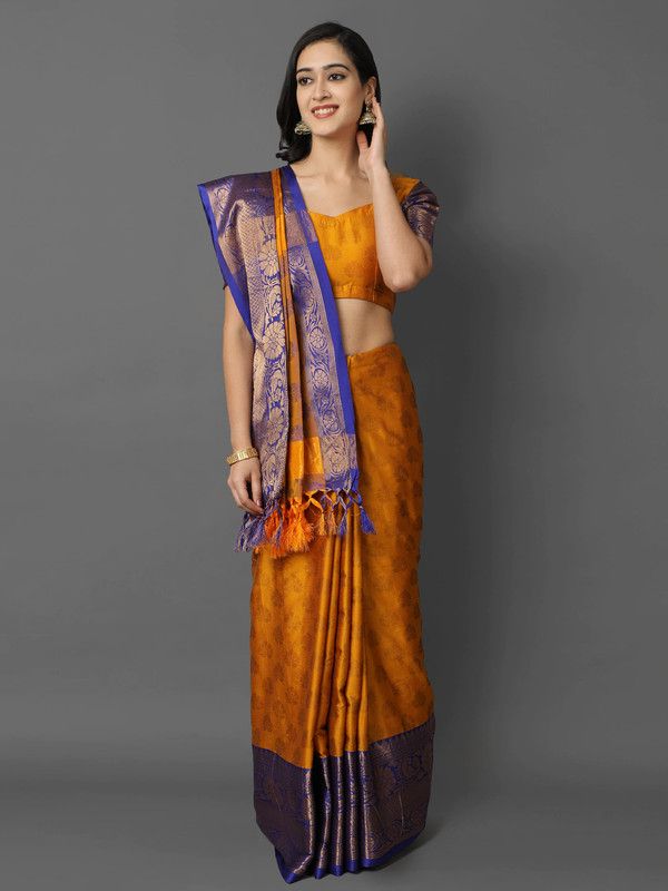 Self Design Banarasi Cotton Silk Saree  (Gold, Blue)